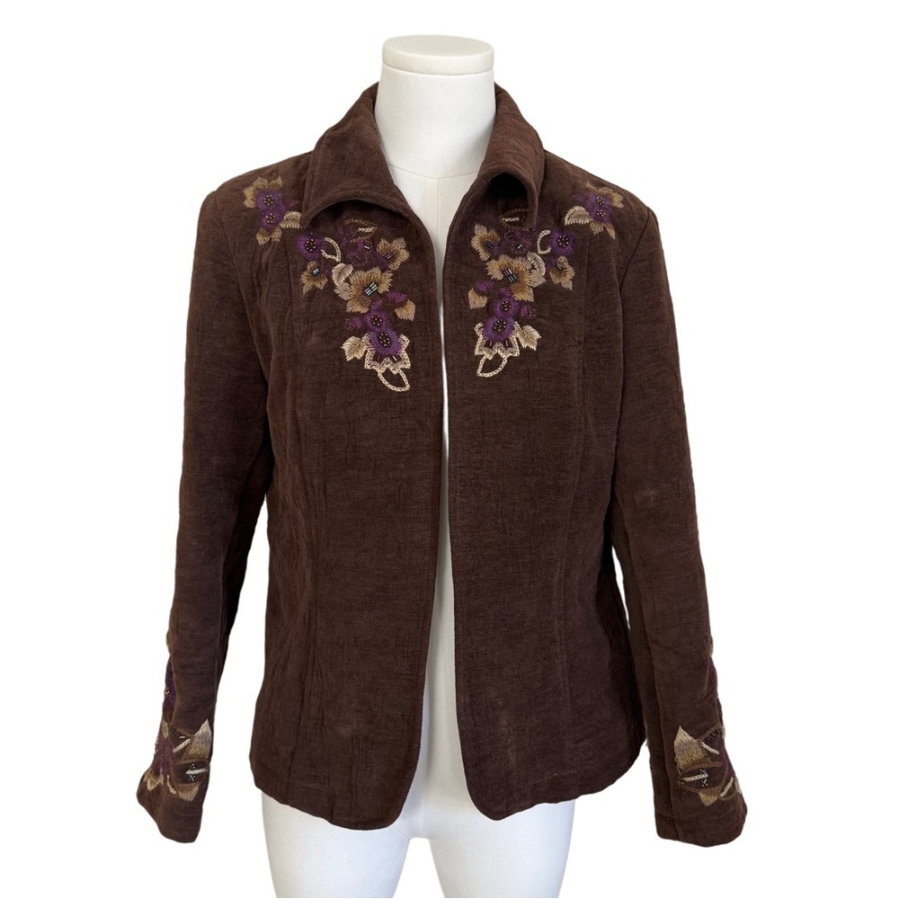 Y2K Boho Fairy Chocolate Brown Floral Embroidered Cotton Blazer 10P